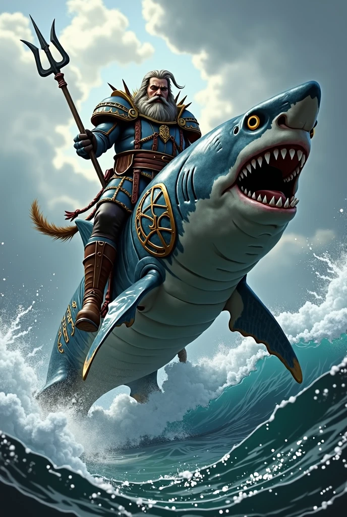 An armored shark ridden by a Nordic warrior fishman