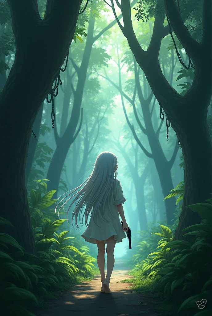 kawaii anime, a naked lonely girl with white hair walking in a dark jungle from the back, a pistol in her hand
