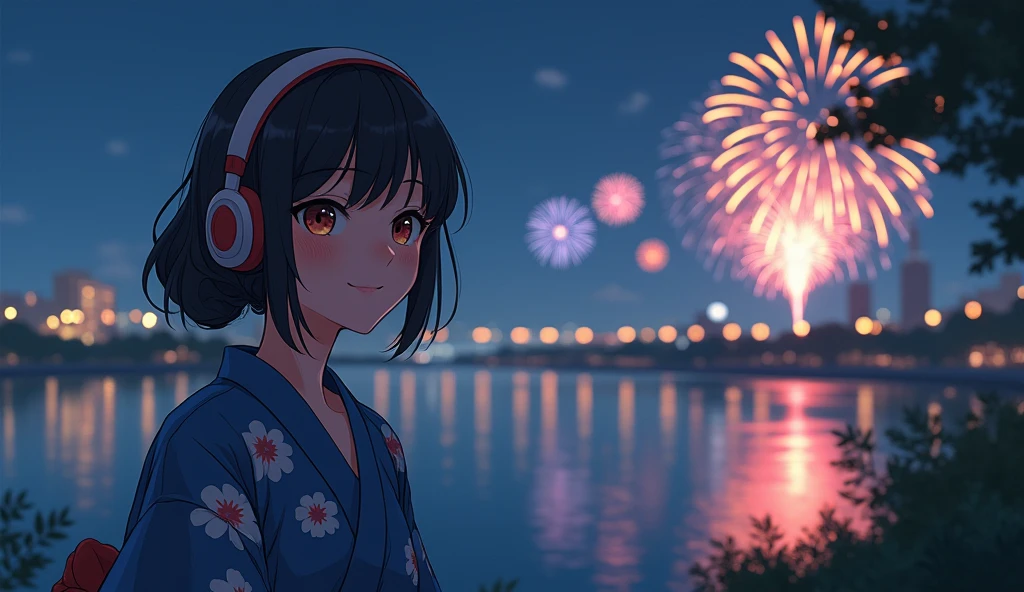 Perfect image, night、Calm atmosphere、Riverbank、Fireworks in the back、Female college student、yukata、Use headphones、looks fun、Looking this way and smiling、2D-style animation, Lo-Fi、Retro、Anime style illustrations、Line art with clear outlines
