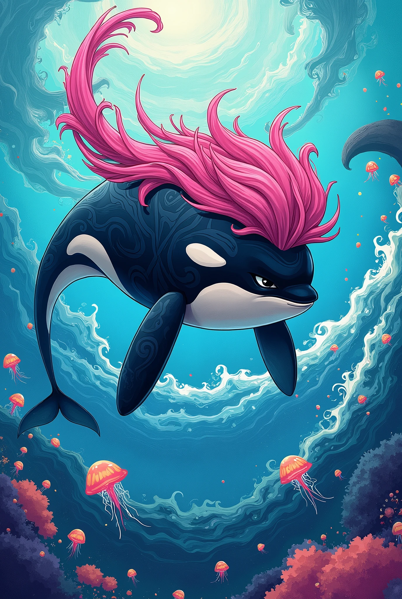 Pink haired killer whale riding anime style background is ocean