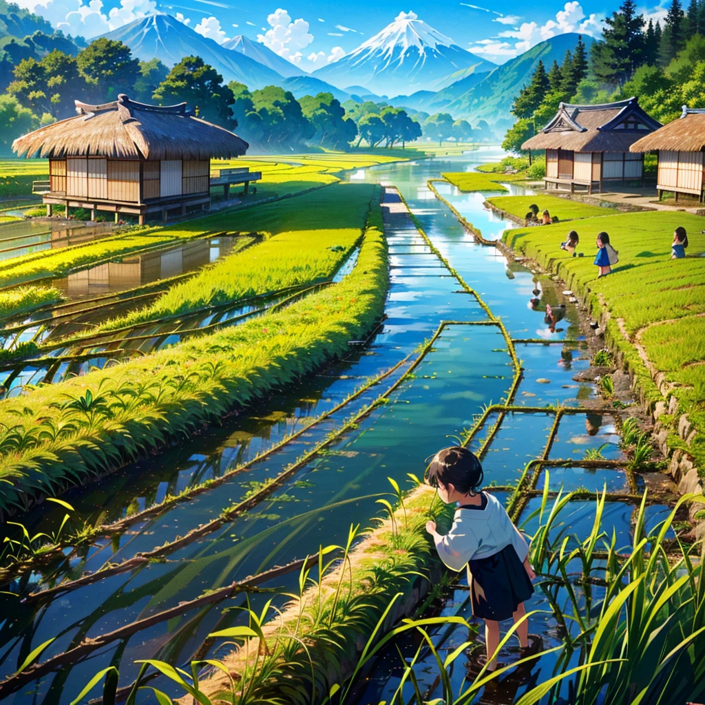 best quality,masterpiece,ultra high res,realistic,8k,extremely detailed,(blue sky:1.2),((narrow road:1.4)),((thatched roof:1.1)),((japanese village:1.2)),((small flower:1.1)),((itching and moss)),((paddy field:1.3)),((children playing in the river:1.3))