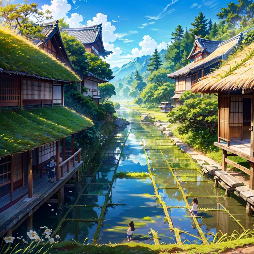 best quality,masterpiece,ultra high res,realistic,8k,extremely detailed,(blue sky:1.2),((narrow road:1.4)),((thatched roof:1.1)),((japanese village:1.2)),((small flower:1.1)),((itching and moss)),((paddy field:1.3)),((children playing in the river:1.3))