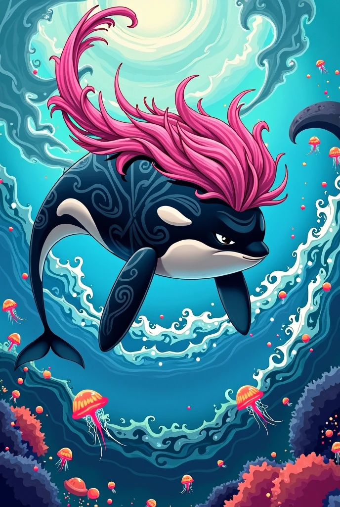 Pink haired killer whale riding anime style background is ocean