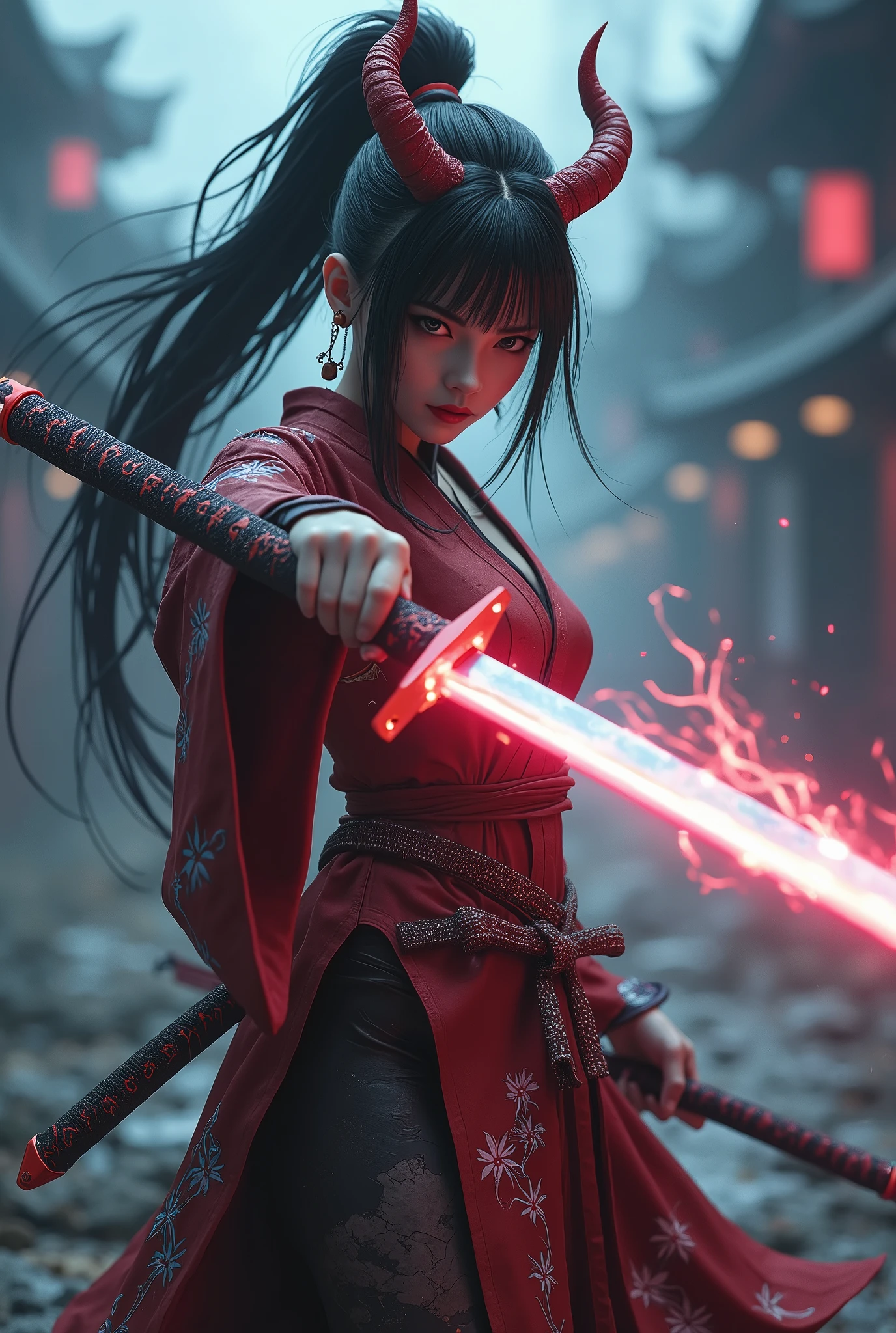 ((masterpiece: 1.2), CG, 3d, Demon Samurai Girl. thick, Long sword, stretching out towards you, The tip of the sword is pointing towards the viewer, Covered in neon lights and lightning effects. She is standing wearing Japanese-patterned clothes..The background is a realistic outdoor landscape, Depth of written boundary, Blurry photo, and dynamic poses. mask