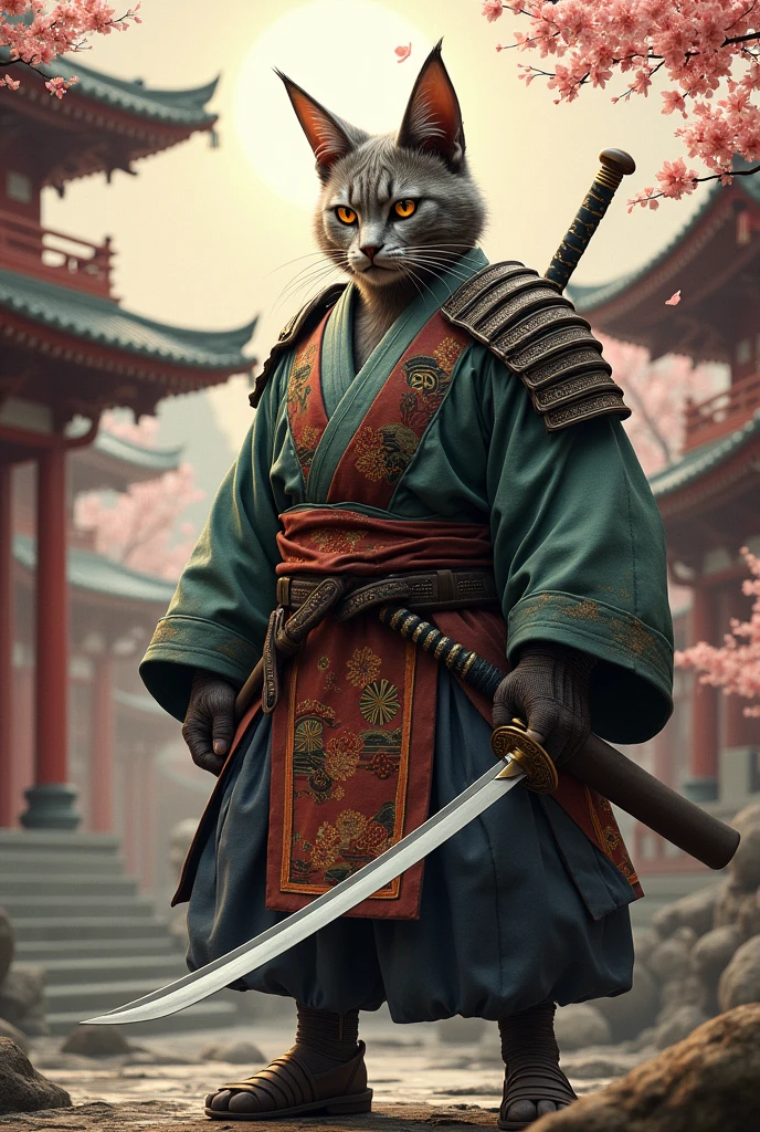 A cat-faced man wearing a Japanese warrior costume and wielding a samurai sword.