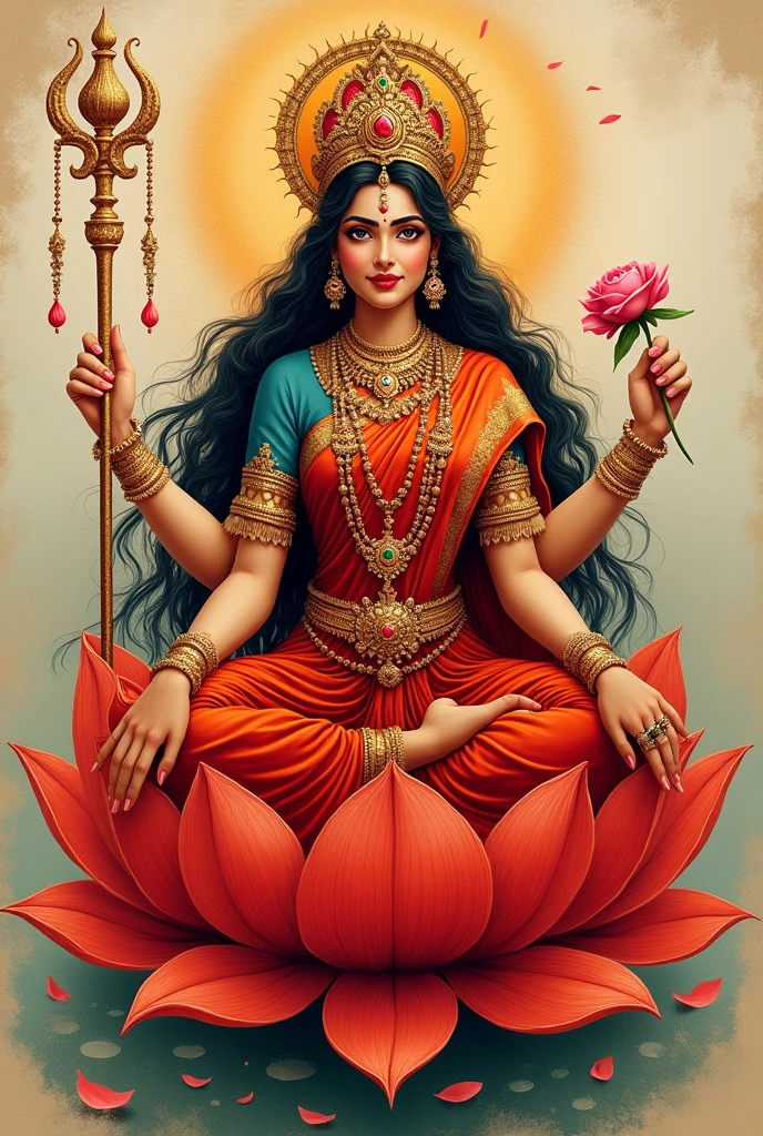 Create a high resolution image of Maa Durga wearing red saree, sitting on a red Lotus, her beautiful feet showing with anklets and all kind of jewellery on her body. Give her Indian facial features and make it look like a old drawing