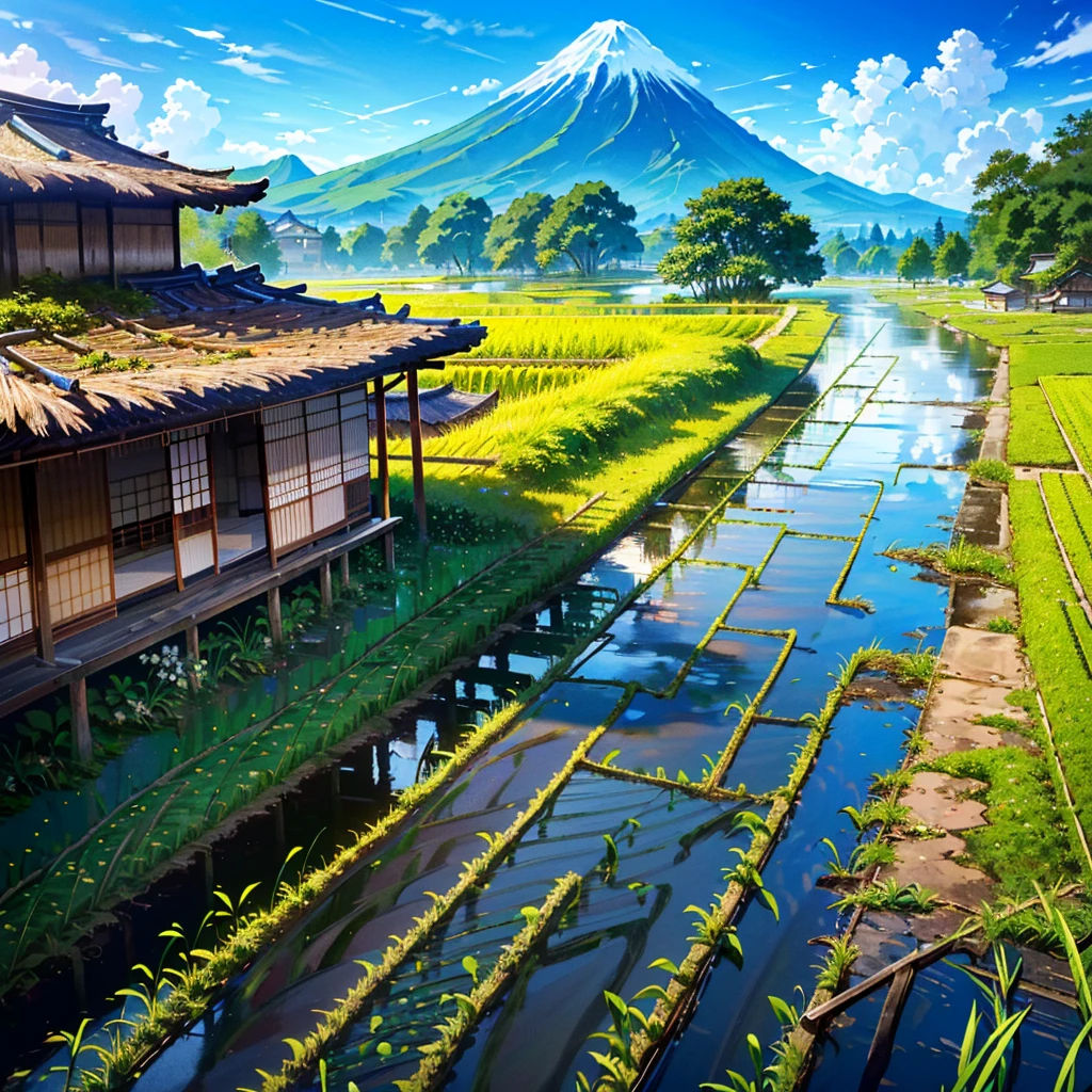 best quality,masterpiece,ultra high res,realistic,8k,extremely detailed,(blue sky:1.2),((narrow road:1.4)),((thatched roof:1.1)),((japanese village:1.2)),((small flower:1.1)),((itching and moss)),((paddy field:1.3)),((children playing in the river:1.3))