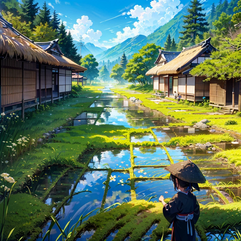 best quality,masterpiece,ultra high res,realistic,8k,extremely detailed,(blue sky:1.2),((narrow road:1.4)),((thatched roof:1.1)),((japanese village:1.2)),((small flower:1.1)),((itching and moss)),((paddy field:1.3)),((children playing in the river:1.3))