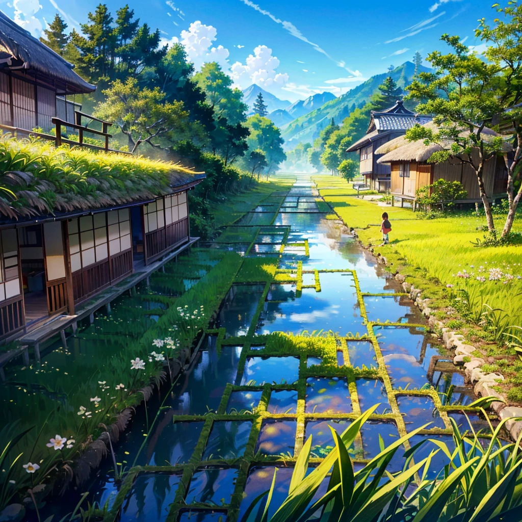 best quality,masterpiece,ultra high res,realistic,8k,extremely detailed,(blue sky:1.2),((narrow road:1.4)),((thatched roof:1.1)),((japanese village:1.2)),((small flower:1.1)),((itching and moss)),((paddy field:1.3)),((children playing in the river:1.3))