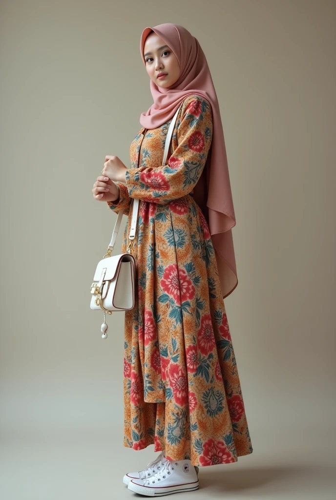 A beautiful Malaysian hijab girl, wearing a spectacle, with a beautiful kebaya outfit, holding a cute white slingbag and wearing a pair of high cut white converse.