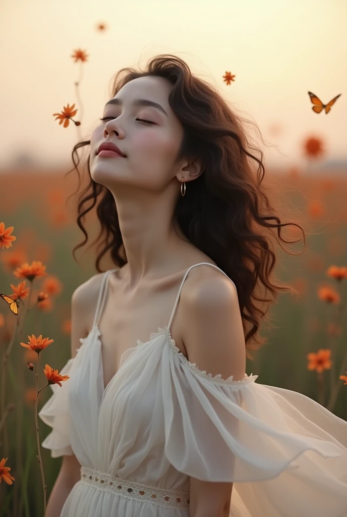 At dusk, a woman, front view, eyes closed, head tilted back, expression of enjoyment, slightly curly hair blown by the wind, shot from the chest up, wearing a white silk dress, translucent layers, pleated tulle, the dress fluttering in the wind, simple blurred background, orange-red star-like flowers, butterflies flying, Hasselblad H6D-400c and 90mm lens, cinematic lighting effects, warm colors, natural light, real texture, exquisite details, depth of field, blurred foreground, blurred background, minimalism, ethereal picture, 32K ultra-high definition, super resolution, shot by Youssef Kash