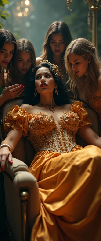 late baroque rococo a stylish assertive swagger woman in a mess dress reclining while laying flat, with multiple girls swooning all over her, (best quality,4k,8k,highres,masterpiece:1.2),ultra-detailed,(realistic,photorealistic,photo-realistic:1.37),HDR,UHD,studio lighting,ultra-fine painting,sharp focus,physically-based rendering,extreme detail description,professional,vivid colors,bokeh,portrait,high fashion,elegant,glamorous,cinematic,dramatic lighting,moody,mysterious,sensual,sophisticated