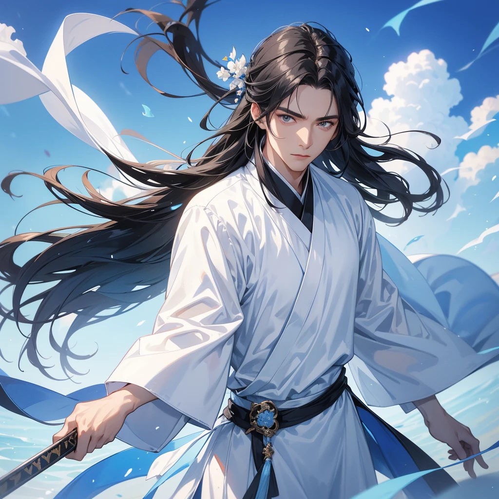 A Handsome black-hair male holding a large sword in white hanfu dress, Background is a blue sky, with low floating blue clouds all over the area, close up.