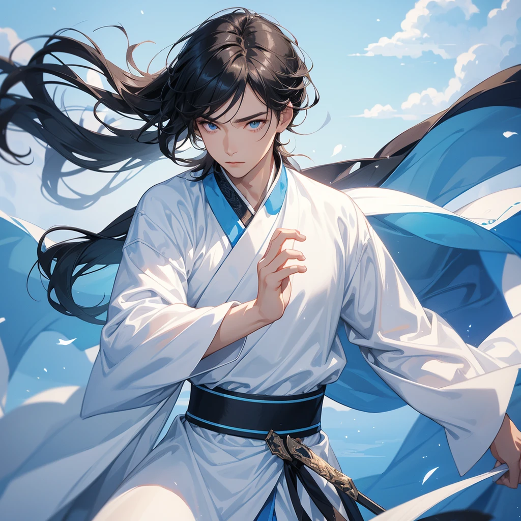 A Handsome black-hair male holding a large sword in white hanfu dress, Background is a blue sky, with low floating blue clouds all over the area, close up.