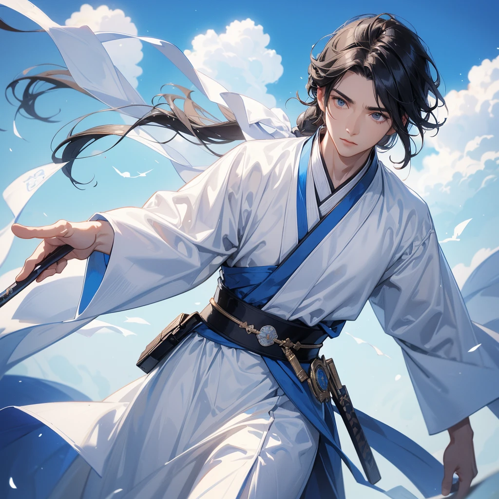 A Handsome black-hair male holding a large sword in white hanfu dress, Background is a blue sky, with low floating blue clouds all over the area, close up.