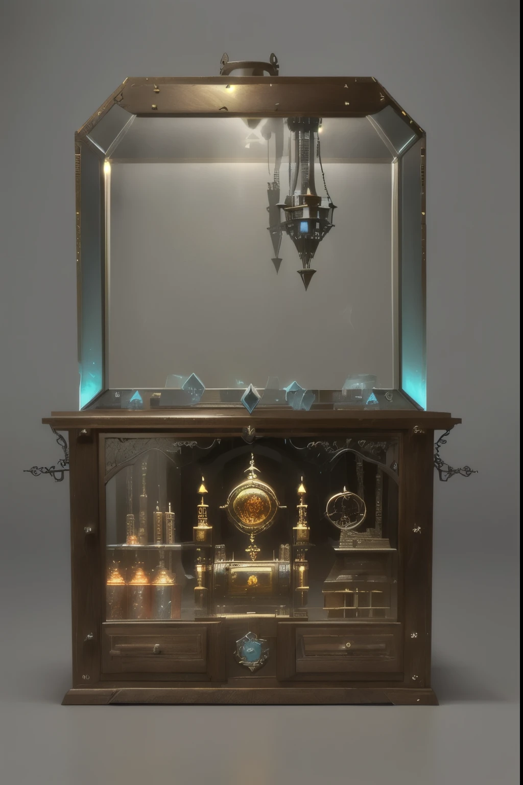 There is a machine that looks very old,There is a big glass cover, Wooden Machine,Wooden gashapon machine,Old Machines,Gothic style,3d texture,Three-dimensional texture,Gacha machine,metallic feel,Glass reflection,League of Legends Inventory Items,Diablo concept art,There's a hole underneath,Wooden chassis