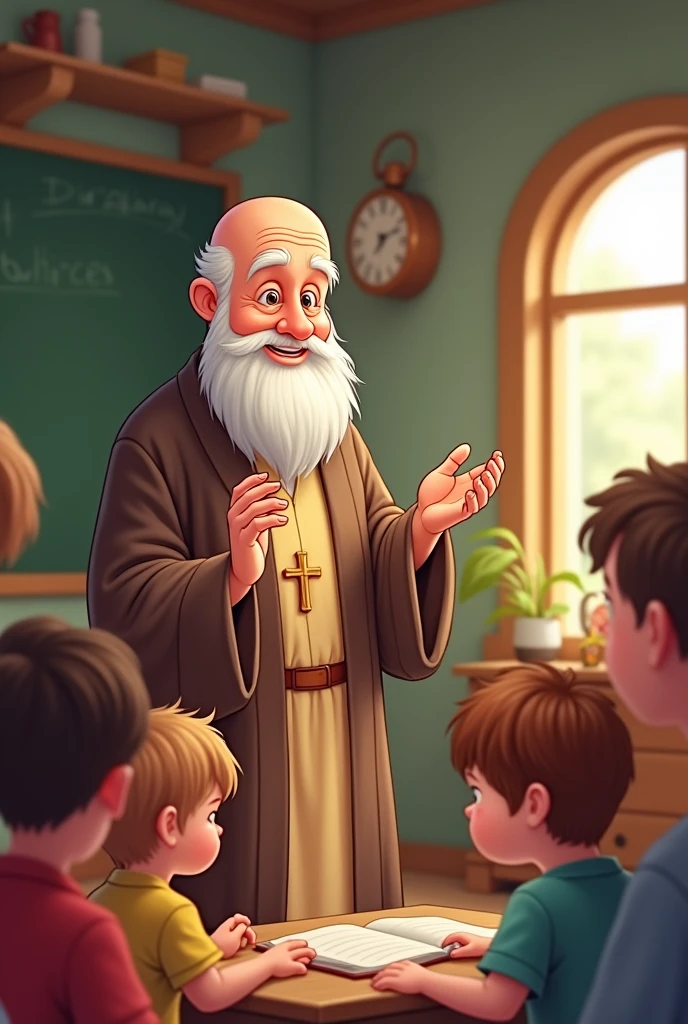 Bald white priest with beard teaching children cartoon drawing