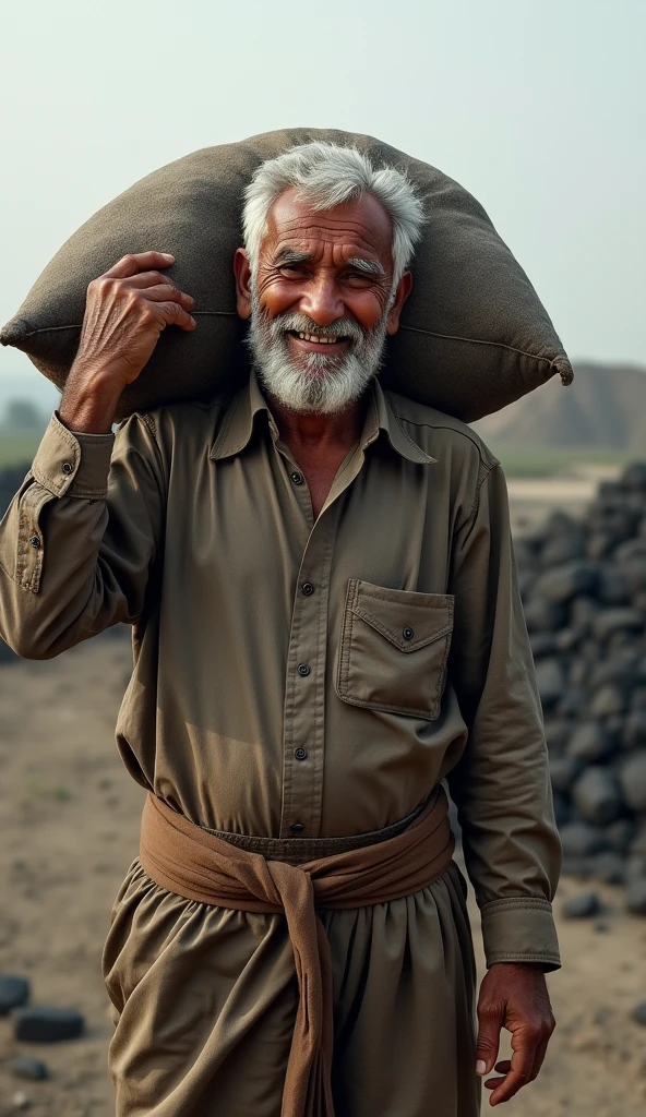 A Pakistan old man working in a factory carrying a coal loaded gunny bag, His wrinkles can be clearly seen, smiling at the camera, shot by a 4k 80mm lens Vera C Rubin Observatory's 3200-megapixel camera, the ground of coal factory is pit dry soil flour, capturing his true handwork for his family. Piece of art master piece that never seen before.