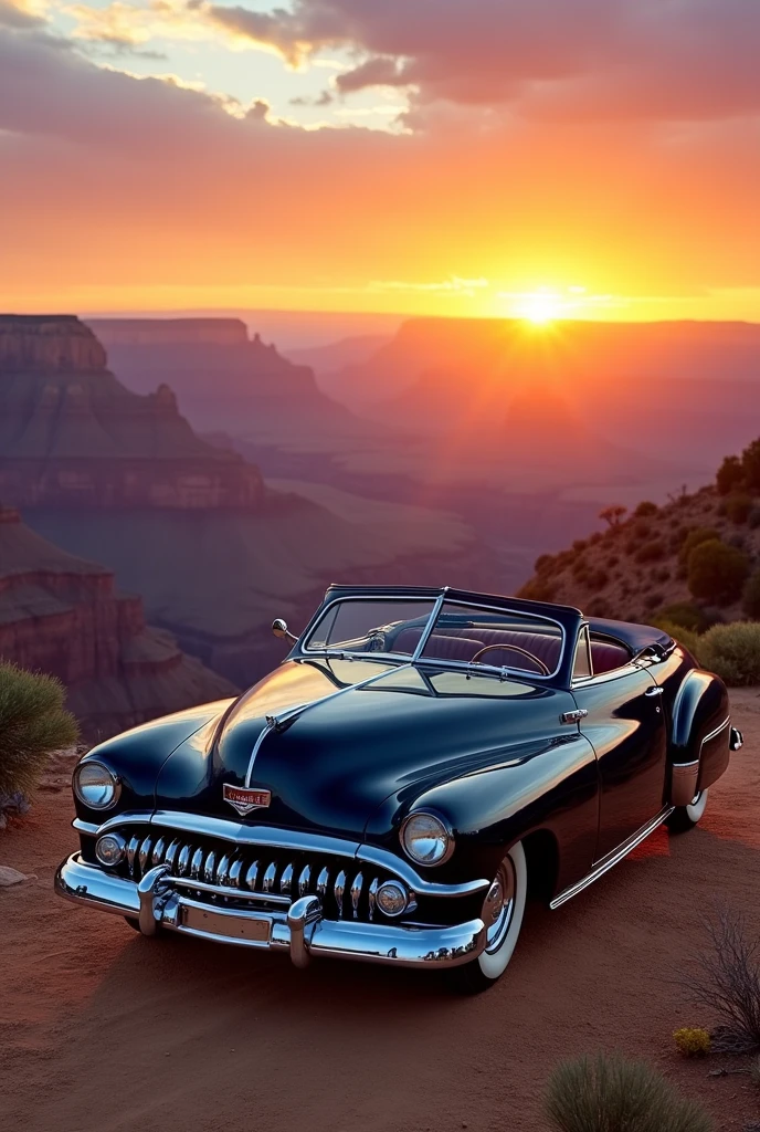 Mercury Eight 1949 Dark blue in the Grand Canyon with a sunset