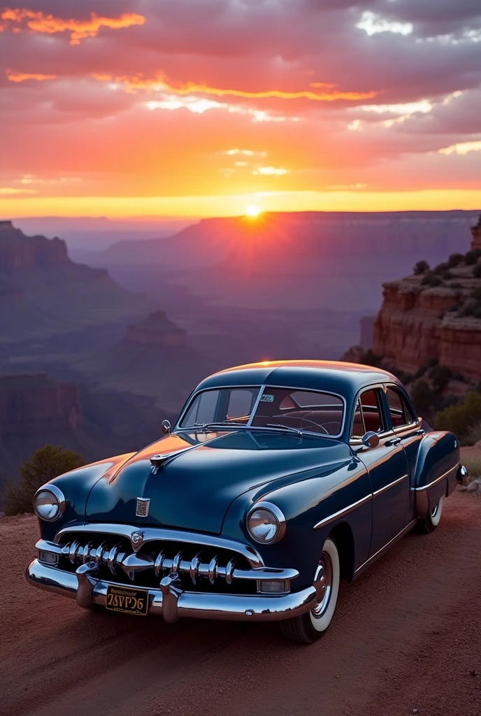 Mercury Eight 1949 Dark blue in the Grand Canyon with a sunset 