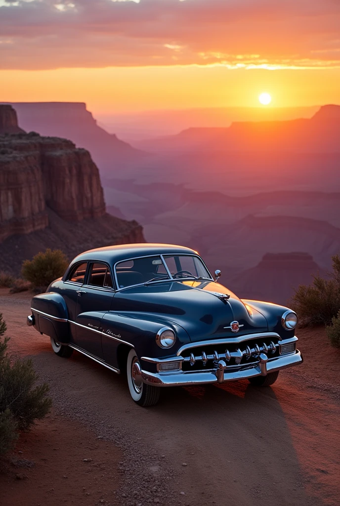 Mercury Eight 1949 Dark blue in the Grand Canyon with a sunset