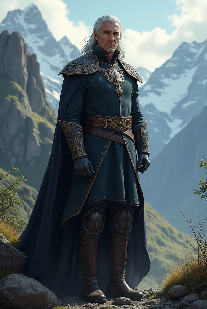 handsome man, Long silver hair, Eagle Nose, earl, Blue eyes, In the background of the mountain.