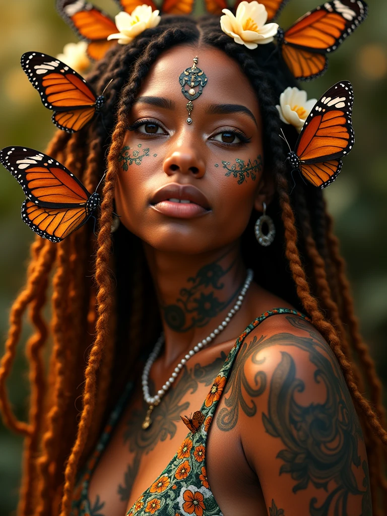 A captivating and mesmerizing image of a stunning brasilian woman adorned with intricate tattoos and surrounded by vibrant Monarch butterflies. Her long, ginger-colored dreads, adorned with delicate flowers, frame her face as she rests gracefully. The scene embodies natural beauty and serenity, showcasing a harmonious fusion of cultures and aesthetics. Her ebony skin provides a perfect canvas for the elaborate tattoos inspired by traditional African art forms, while the butterflies create a mesmerizing spectacle of movement and color. The warm, golden light casts a soft glow, highlighting the beauty of her tattoos and the intricate details of the butterflies. This enchanting image is a celebration of diverse beauty, blending elements of nature, culture, and artistry into a breathtaking masterpiece that captivates the imagination.