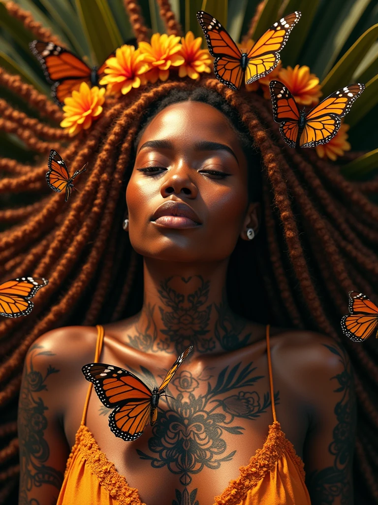 A captivating and mesmerizing image of a stunning brasilian woman adorned with intricate tattoos and surrounded by vibrant Monarch butterflies. Her long, ginger-colored dreads, adorned with delicate flowers, frame her face as she rests gracefully. The scene embodies natural beauty and serenity, showcasing a harmonious fusion of cultures and aesthetics. Her ebony skin provides a perfect canvas for the elaborate tattoos inspired by traditional African art forms, while the butterflies create a mesmerizing spectacle of movement and color. The warm, golden light casts a soft glow, highlighting the beauty of her tattoos and the intricate details of the butterflies. This enchanting image is a celebration of diverse beauty, blending elements of nature, culture, and artistry into a breathtaking masterpiece that captivates the imagination.
