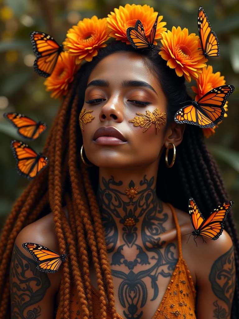 A captivating and mesmerizing image of a stunning brasilian woman adorned with intricate tattoos and surrounded by vibrant Monarch butterflies. Her long, ginger-colored dreads, adorned with delicate flowers, frame her face as she rests gracefully. The scene embodies natural beauty and serenity, showcasing a harmonious fusion of cultures and aesthetics. Her ebony skin provides a perfect canvas for the elaborate tattoos inspired by traditional African art forms, while the butterflies create a mesmerizing spectacle of movement and color. The warm, golden light casts a soft glow, highlighting the beauty of her tattoos and the intricate details of the butterflies. This enchanting image is a celebration of diverse beauty, blending elements of nature, culture, and artistry into a breathtaking masterpiece that captivates the imagination.