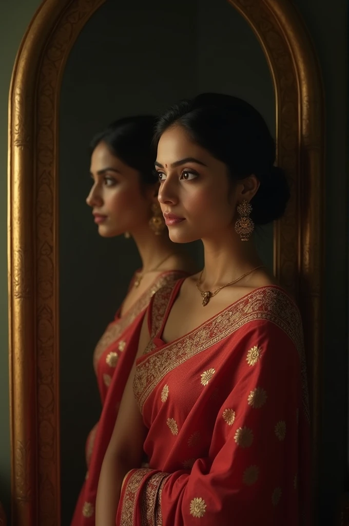 women age 35 wearing saree in front of mirror