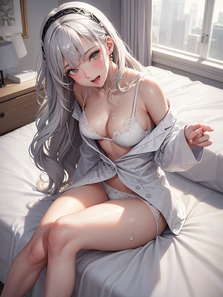 1Girl, 2, Solo, Anime, Ideal body, (Cleavage, Small breast, Hard Nipple). Beautiful, Gorgeous, Fresh, Blunt Bangs, (White Grey Hair:1.5),(Straight and Wavy Long Hair:1.3), colorful, jacket, suit, formal shirt, formal dress, white push up bra, cream bra, black bra, formal skirt, camisol, cotton texture, laced, formal pants, panty hose. Off-Shoulder, Oversize, Comfort, Loose shirt, Fabric Texture. (Sit on bed:1.3). Earrings, Thin Black Headband, Green Accessories, Environmental Details, Bed Room, Natural Light, Modern Bed, Chair, Window, White Curtain, City View. pov, anime style, UHD, retina, masterpiece, accurate, anatomically correct, textured skin. High Resolution, Looking at viewer, Blush, Best Quality, Award Winning, Accurate, Embarrassed, seductive smile, naught smile, horny, sweating, Naughty Face, Chin up, lips open, Gradient Eye Color. Top view shot, body bent to viewer ,front of camera, looking up to viewer, tongue out, open mouth. From Above, Close-Up, (sticky goo on breast), (white goo on body), (sweating). Milk, white milk on breast.