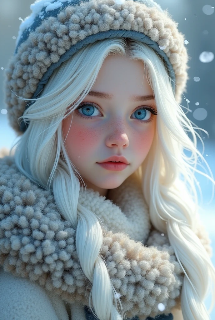 White hair braids cute beautiful face smile white skin blue eyes boa hat teenager  it&#39;s snowing
