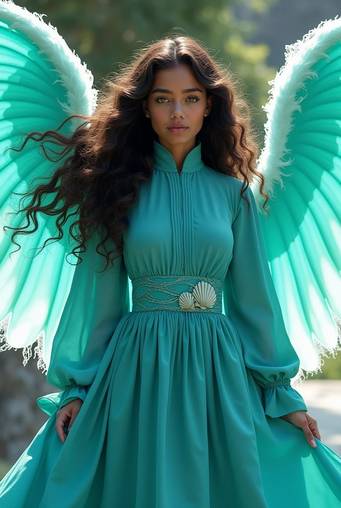 "A high-definition, 16k raw photograph of a beautiful young woman with long, curly dark brown hair that flows with a lively bounce. Her deep green eyes are filled with energy and determination. She wears a fully covered collar dress in shades of turquoise and aqua, reflecting her connection to water. The gown features a high neckline with wave-like patterns, long sleeves that taper at the wrists, and a flowing skirt with layered fabric that mimics the movement of water. A turquoise belt with a shell motif cinches her waist, adding a touch of aquatic elegance. she has dark brown skin colour.
Her wings are large and fluid, shaped like flowing water with a base of deep turquoise that transitions into light aqua and white tips. The wings are semi-translucent, with swirling patterns that resemble ocean waves, casting a cool, refreshing glow around her. The edges of the wings have a subtle, shimmering outline, enhancing their fluid, water-like aura.
The overall image is dynamic and refreshing, focusing on her determined expression, the aquatic colors of her modest gown, and the glowing wings that exude a powerful, water-based magic."