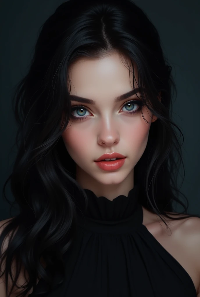 Pretty woman, black long hair, sharp facial features, granatowe lekko skośne oczy, wysoka