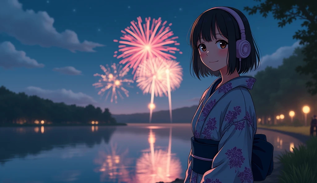 Perfect image, night、Calm atmosphere、Riverbank、Fireworks in the back、Female college student、yukata、Use headphones、looks fun、Looking this way and smiling、2D-style animation, Lo-Fi、Retro、Anime style illustrations、Line art with clear outlines