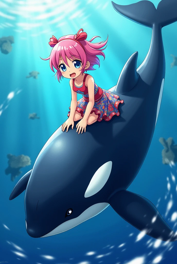 A pink-haired girl riding a killer whale in an anime-style background with the sea