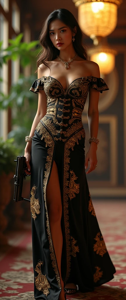 a chic ensemble stylish asian woman in a baroque mess dress saunting with swagger strife with gun shooting, gun muzzle, (best quality,4k,8k,highres,masterpiece:1.2),ultra-detailed,(realistic,photorealistic,photo-realistic:1.37),HDR,UHD,studio lighting,ultra-fine painting,sharp focus,physically-based rendering,extreme detail description,professional,vivid colors,bokeh,portrait,high fashion,elegant,glamorous,cinematic,dramatic lighting,moody,mysterious,sensual,sophisticated