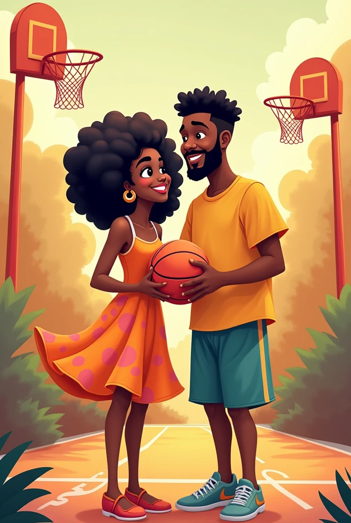 brown couple, woman with black afro hair and the taller man with short twist hair, he plays basketball and she is wearing a dress, cartoon model 