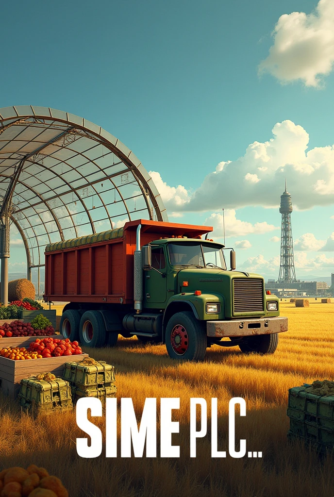 write boldly with Times new roman font"Sime PLC..." at the bottom,A farming truck on a huge farm land, a tall building on a far behind, different kind of farm products on th land, a shade made of glass on the land,