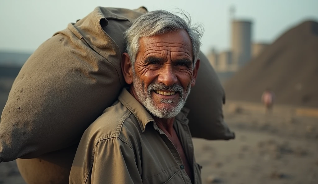 A  Pakistan old man working in a factory carrying a coal loaded gunny bag, His wrinkles can be clearly seen, smiling at the camera, shot by a 4k 80mm lens Vera C Rubin Observatory's 3200-megapixel camera, the ground of coal factory is pit dry soil flour, capturing his true handwork for his family. Piece of art master piece that never seen before.