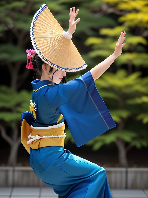 Photo-realistic quality、A woman in a blue and yellow kimono is dancing the Awa Odori dance, Traditional Japanese, Portrait Shot, TraditionalなJapanの着物, Wearing a hat, Traditional, Beautiful images, Japan, Traditional costume, Wear a kimono, Japanese woman, Japaneese style、