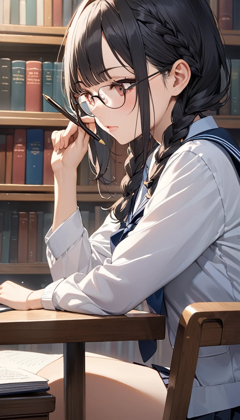 One Girl(High resolution, masterpiece, accurate, Anatomically correct), ((Glasses、Slightly red cheeks、He is writing at his desk with a serious expression.、))(((Library、Barely、Sitting in a chair)))、(Landscape、Black Hair、、Straight bangs、Braid)、((school uniform))、Highest quality, Ultra high definition, High-resolution model、From the knee up、Close-up of profile