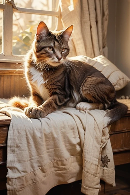 A masterpiece, the best composition, a brown cat playing on a bed, wrapped in a blanket, looking comfortable, soothing, beautiful details and colors.