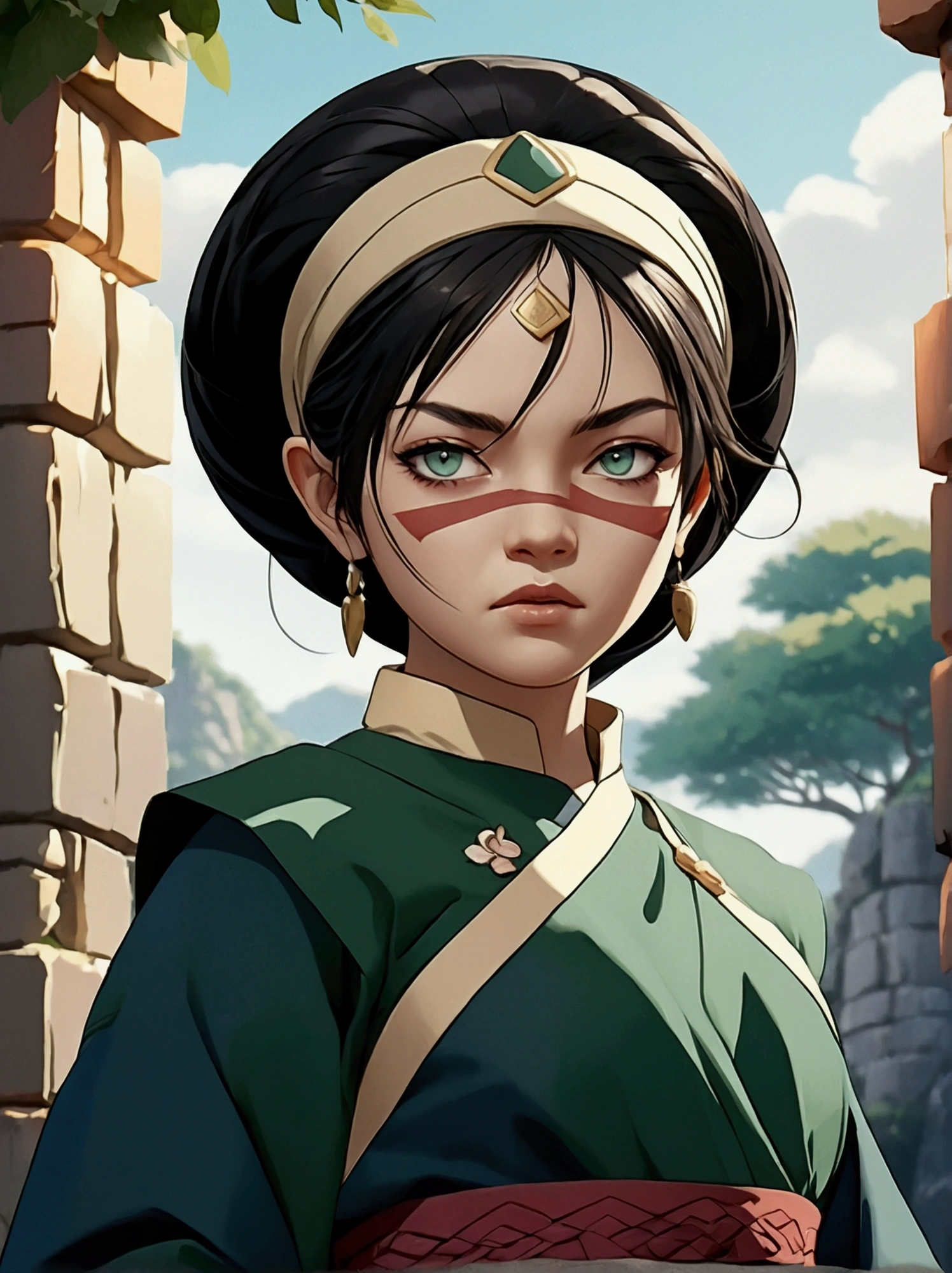 A young girl at her twelve years old earthbender, beautiful detailed eyes, beautiful detailed lips, extremely detailed face and features, long eyelashes, dark hair, wearing traditional earth kingdom attire, posing confidently, outdoor scene with lush greenery, rocky terrain, detailed background elements, (best quality, 4k, 8k, highres, masterpiece:1.2), ultra-detailed, (realistic, photorealistic, photo-realistic:1.37), intricate details, vibrant colors, cinematic lighting, fantasy, digital art