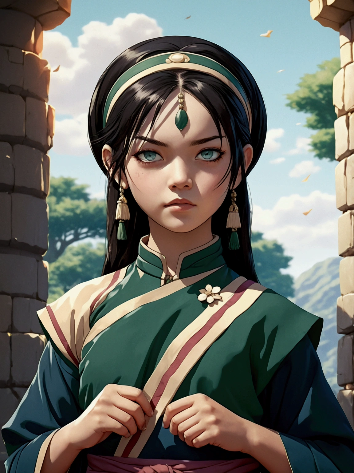 A young girl at her twelve years old earthbender, beautiful detailed eyes, beautiful detailed lips, extremely detailed face and features, long eyelashes, dark hair, wearing traditional earth kingdom attire, posing confidently, outdoor scene with lush greenery, rocky terrain, detailed background elements, (best quality, 4k, 8k, highres, masterpiece:1.2), ultra-detailed, (realistic, photorealistic, photo-realistic:1.37), intricate details, vibrant colors, cinematic lighting, fantasy, digital art