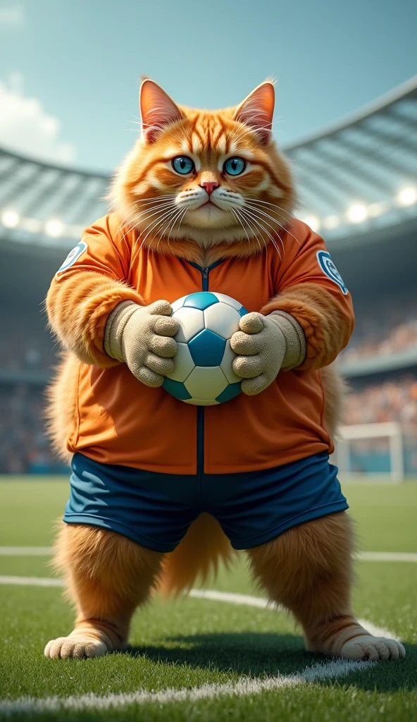 Make a picture of a fat, obese orange cat as a football goalkeeper, blue eyes, wear football clothes, soccer shoes, is carrying the ball, hands wrapped in football gloves, facing the camera, with the goal of the ball field in the background, full body, wide, super realistic 8k images