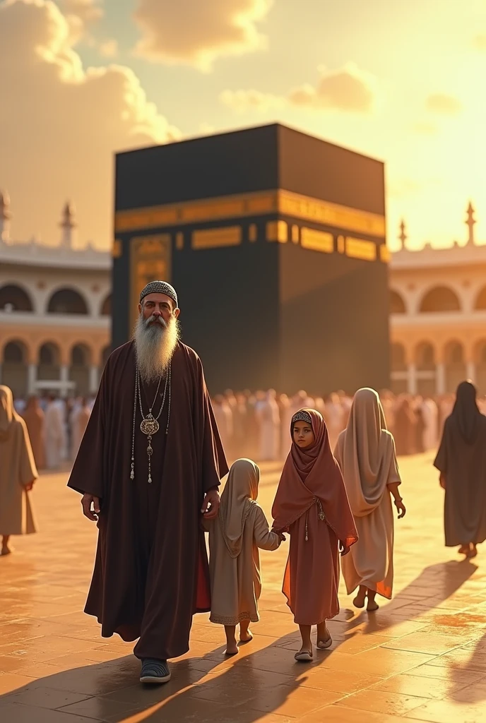 A religious scholar, accompanied by his veiled wife, two daughters, and youngest son, performed the pilgrimage to the Kaaba.