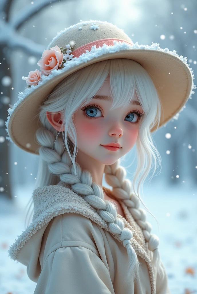 White hair braids cute smile white skin blue eyes boa hat teenager  snow falling
