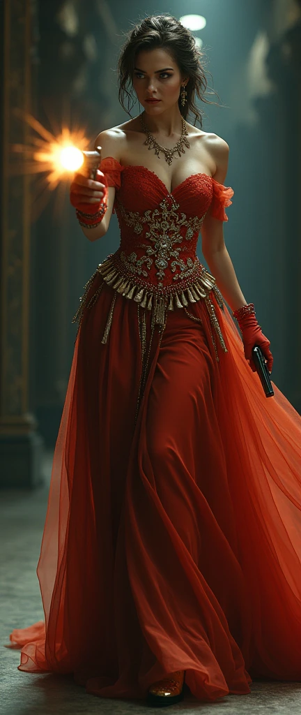a chic ensemble stylish woman in a baroque mess dress saunting with swagger strife with gun shooting, gun muzzle, (best quality,4k,8k,highres,masterpiece:1.2),ultra-detailed,(realistic,photorealistic,photo-realistic:1.37),HDR,UHD,studio lighting,ultra-fine painting,sharp focus,physically-based rendering,extreme detail description,professional,vivid colors,bokeh,portrait,high fashion,elegant,glamorous,cinematic,dramatic lighting,moody,mysterious,sensual,sophisticated
