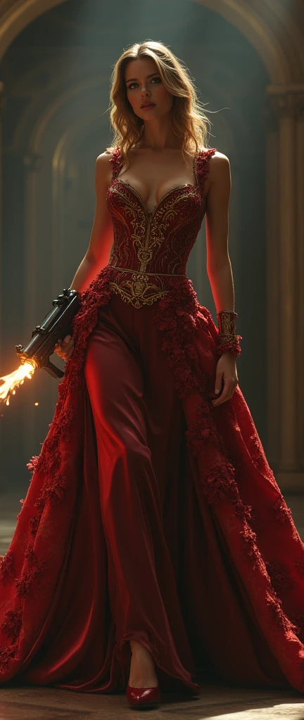 a chic ensemble stylish woman in a baroque mess dress saunting with swagger strife with gun shooting, gun muzzle, (best quality,4k,8k,highres,masterpiece:1.2),ultra-detailed,(realistic,photorealistic,photo-realistic:1.37),HDR,UHD,studio lighting,ultra-fine painting,sharp focus,physically-based rendering,extreme detail description,professional,vivid colors,bokeh,portrait,high fashion,elegant,glamorous,cinematic,dramatic lighting,moody,mysterious,sensual,sophisticated